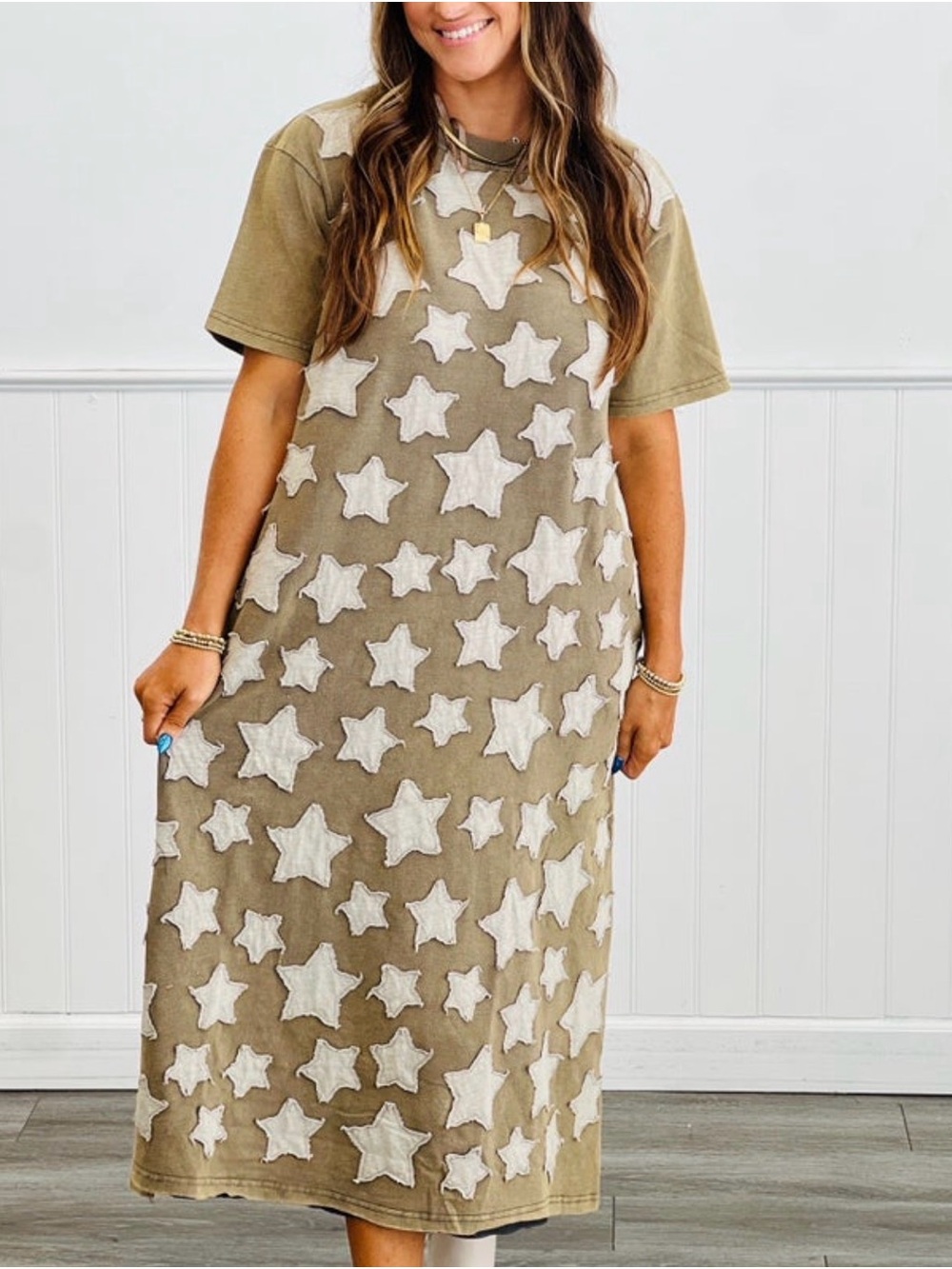 Blue Velvet Star Appliqué Midi Dress